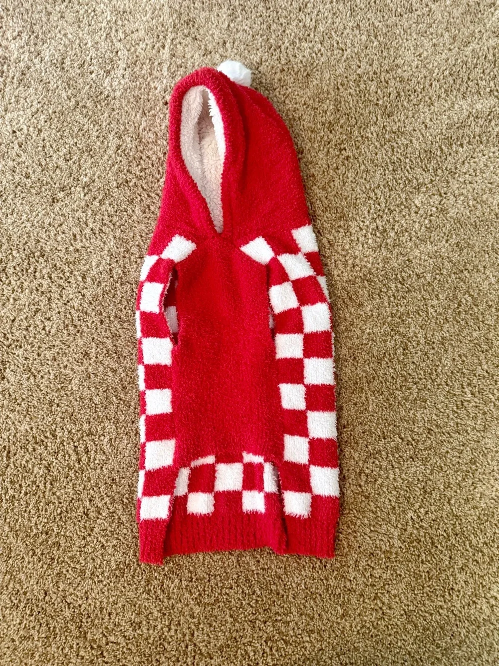 Red & White Checkered Pom-Pom Dog Hoodie